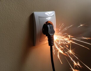  Dangerous sparks, fire, and smoke from an indoor electric plug on the wall. Generated with AI