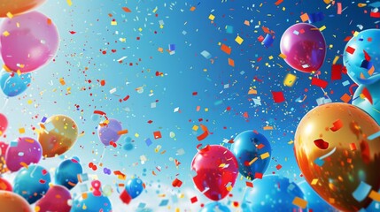 Brightly colored balloons and confetti floating in a blue sky