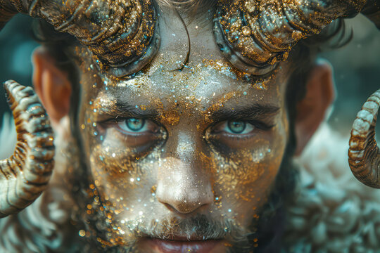 Ethereal Demoness Stunning Studio Portrait of a Horned Ram Goddess with Modern Makeup and Gold Glitter Beautifully Hairy Humanoid Fantasy Art