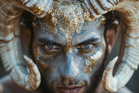 Ethereal Demoness Stunning Studio Portrait of a Horned Ram Goddess with Modern Makeup and Gold Glitter Beautifully Hairy Humanoid from Fantasy Film