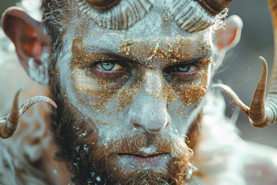 Ethereal Demoness Stunning Studio Portrait of a Horned Ram Goddess with Modern Makeup and Gold Glitter Beautifully Hairy Humanoid Fantasies
