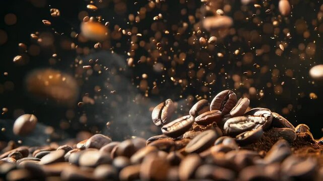 Close-up of cocoa beans scattering in mid-air during the production process. The image captures the dynamic motion of the dark brown beans against a dark background, highlighting the texture and