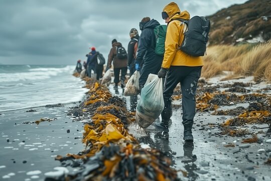 Volunteers Cleaning Beach On Cloudy Day With Seaweed - Powered by Adobe