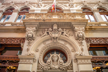 Obraz premium Frontal detail of the decorated façade of the Real Casino of Murcia, Spain, built in the 19th century and in an eclectic style