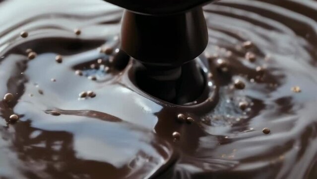 Close-up image capturing the splash of liquid chocolate, with droplets suspended in mid-air. The background is dark, accentuating the rich, glossy texture of the chocolate.