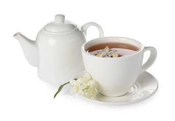 Aromatic jasmine tea in cup, flowers and teapot isolated on white