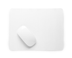 Wireless mouse and mousepad isolated on white, top view