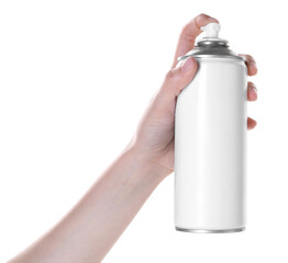 Man with can of spray paint on white background, closeup