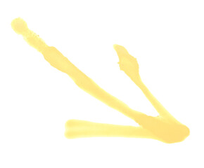 Arrow drawn by yellow spray paint isolated on white, top view