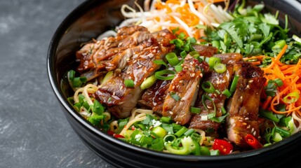Fototapeta premium Delicious bowl of noodles with ribs and vegetables, top view, bright and warm setting, natural lighting, appetizing food shot