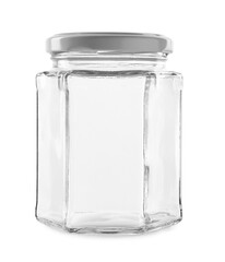 One empty glass jar isolated on white