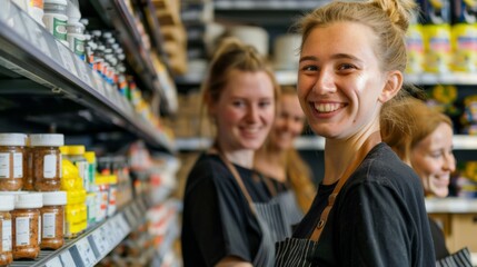 Fototapeta premium Smiling, uniformed employees in the supermarket aisles working.