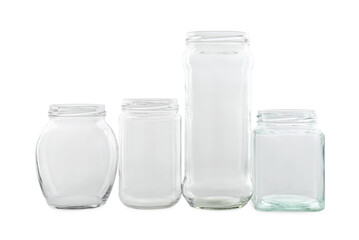 Many empty glass jars isolated on white