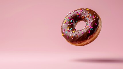 Delicious chocolate glazed donut with sprinkles, isolated and floating on a pastel pink background, delicate lighting captures the sweetness
