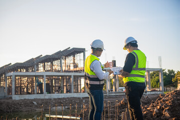 Two Architect man discussing about the building plan and see how the construction progressive at the construction site