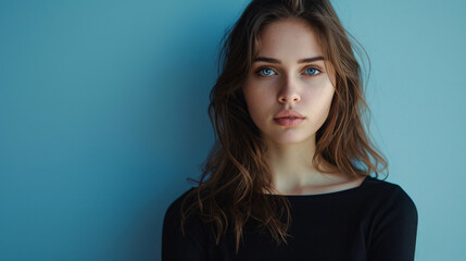 Fototapeta premium Young woman's emotional face on a simple background. An amazing portrait of youthfulness and elegance.