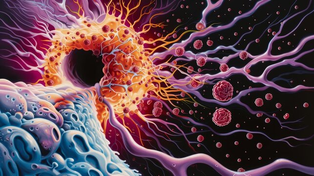 Dynamic cellular landscape, human cell cross-section, bustling mitochondria, active nucleus, intricate organelle activity