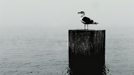   A monochrome picture of a seabird perched atop a pole amidst a tranquil expanse of water