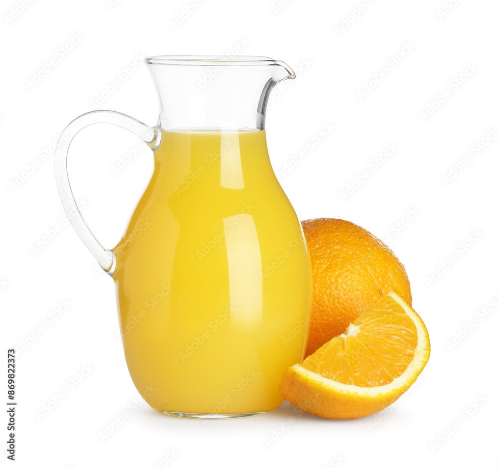 Canvas Prints Tasty orange juice in glass jug and fresh fruits isolated on white - Canvas Prints