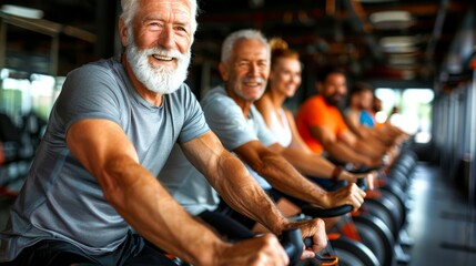 People cycling and working out happily on exercise bike in gym
