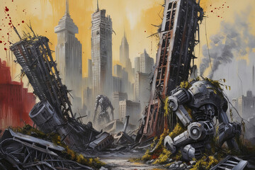 Naklejka premium Ruined metropolis oil painting with crumbling skyscrapers, sickly haze, and bold brushstrokes, evoking desolate despair.