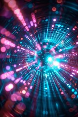 Obraz premium Digital landscape with Abstract teal and pink lights. Neon speed. Motion in a tunnel at light speed. 
