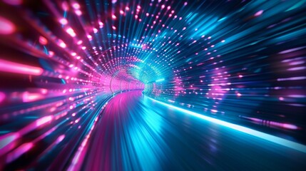 Fototapeta premium Digital landscape with Abstract teal and pink lights. Neon speed. Motion in a tunnel at light speed. 