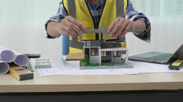 Professional architect team and engineer discuss about architectural project on meeting table with safety helmet, wooden block and architectural document scatter around. Closeup. Delineation.