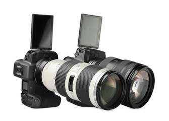 Fototapeta premium Modern cameras isolated on white. Photographer's equipment
