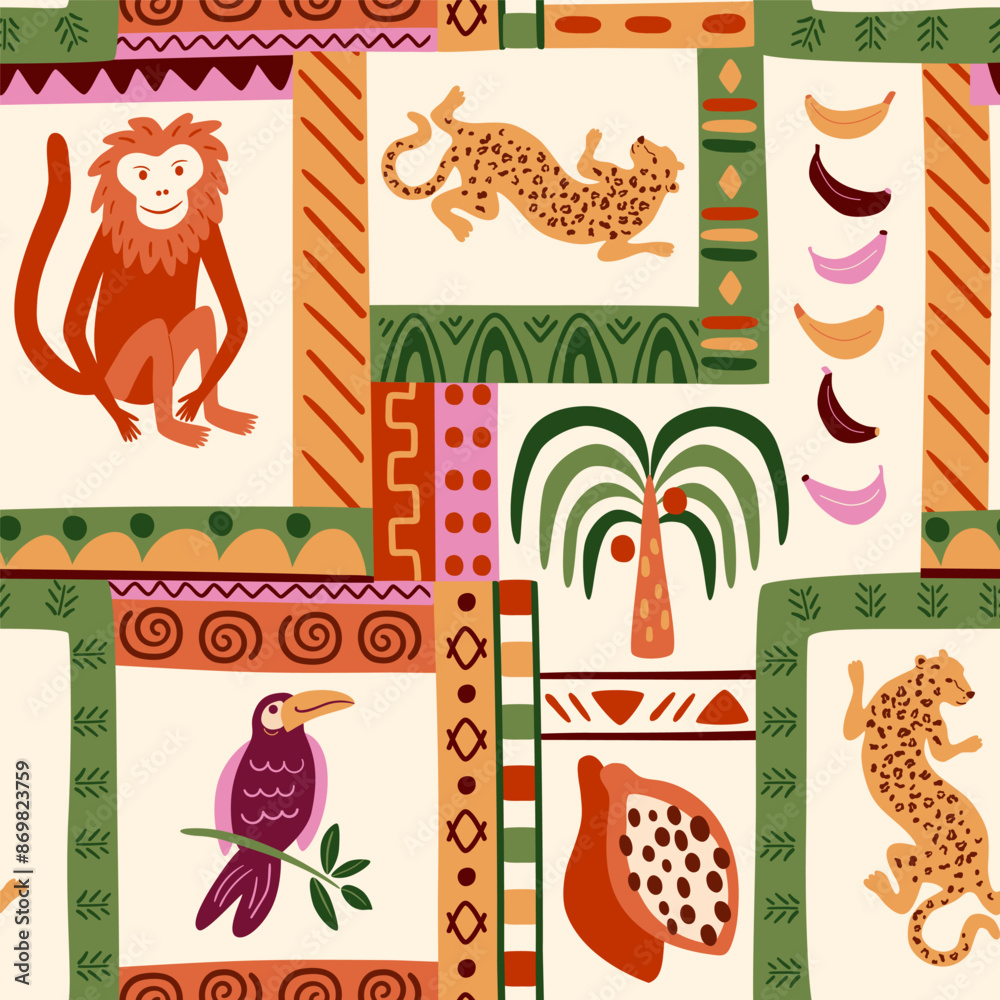 Wall mural Cute tropical patchwork seamless pattern. Vector African tribal print, cute jungle animals framed. Leopard, monkey, toucan, palm tree in summer beach exotic background, Brazilian ethnic wallpaper.