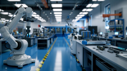 Capture the advanced setup in a robotics lab with robotic arms and control stations 