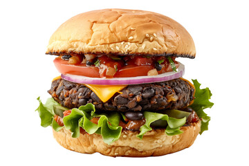 Black Bean Burger with black beans, vegetables and spices isolated on transparent white background.