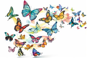 A kaleidoscope of colorful butterflies in various sizes and patterns flutter together, creating a stunning visual display. Each one unique, yet harmonious in their collective beauty.