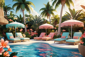 Fototapeta premium Vibrant tropical poolside scene with white lounge chairs, colorful umbrellas, and swaying palms in serene digital art.