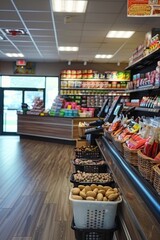 Fototapeta premium Supermarket or convenience store check-out area, clean and organized with cashier, shopping baskets and tempting impulse buy items