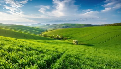 Naklejka premium Fresh green fields in spring with a blue sky backdrop on a hill 