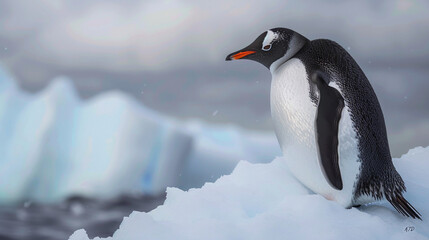Obraz premium Solitary Penguin: Mastering Self-Care on the Brink of Ice