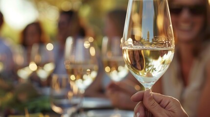 Obraz premium Guests sip on glasses of locallymade wine with gs grown and harvested just a stones throw away.