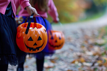 Three children are walking down a path holding orange Halloween pumpkins, generative ai image.
