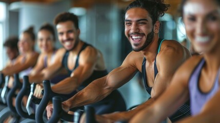 People cycling and working out happily on exercise bike in gym