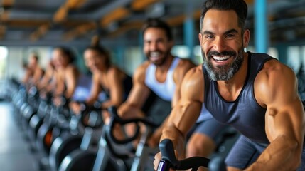 People cycling and working out happily on exercise bike in gym