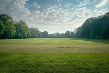 A tranquil cricket ground with lush green grass and empty pitch, surrounded by trees and a clear blue sky. The stadium seats are vacant, awaiting the excitement of a match.