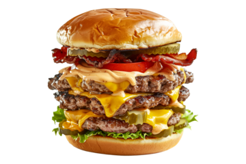 Double or Triple Burger with black beans, vegetables and spices isolated on transparent white background.