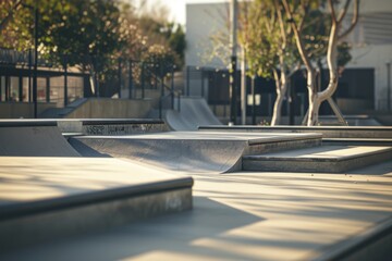 A serene and deserted skate park with ramps and rails waiting for action. The warm glow of the setting sun casts a peaceful atmosphere.