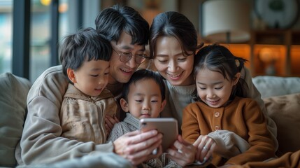 Family of Four Looking at Smartphone in Living Room