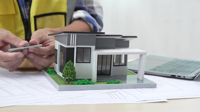 Professional architect team and engineer discuss about architectural project on meeting table with safety helmet, wooden block and architectural document scatter around. Closeup. Delineation.