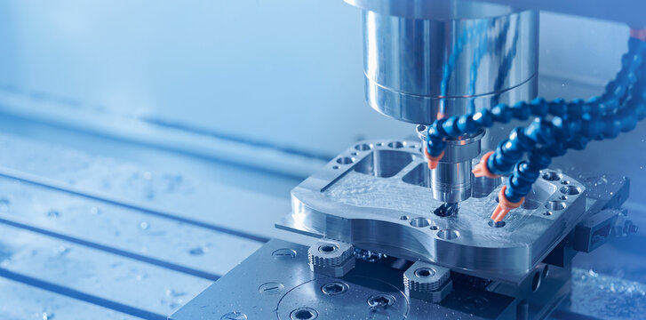 Banner industry CNC, cutting process milling machine working injection mold part by mill tool, blue light toning