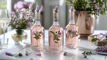   Three bottles of pink wine sit on a table alongside a glass of wine and a plate with flowers