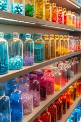 Colorful plastic or glass bottles adorning pharmacy shelves with medicines inside.