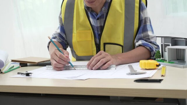 Professional architect team and engineer discuss about architectural project on meeting table with safety helmet, wooden block and architectural document scatter around. Closeup. Delineation.
